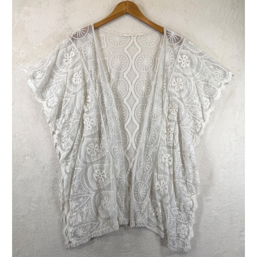 White Sheer Lace Floral Kimono Wrap Open Front Coverup XS/S H5149